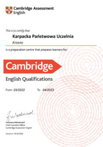 Dokument akredytujący działalność Ośrodka Egzaminacyjnego British Council działającego przy KPU w Krośnie