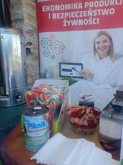 Baner kierunku na pierwszym planie puszka ze zbiórką i maliny i kolorowe tęczowe lizaki w kształcie serca