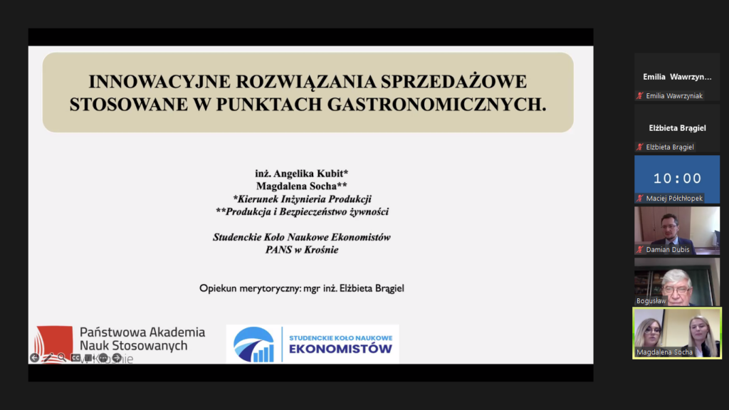 Slajd tytułowy podczas prezentacji Innowacyjne rozwiązania sprzedażowe stosowane w punktach gastronomicznych – Angelika Kubit, Magdalena Socha.