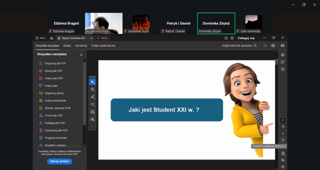 zrzuty ekranu z wystąpieniami poszczególnych studentów z koła.