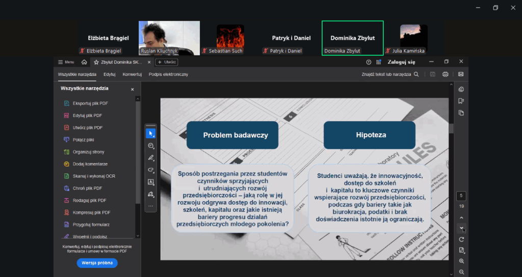 zrzuty ekranu z wystąpieniami poszczególnych studentów z koła.