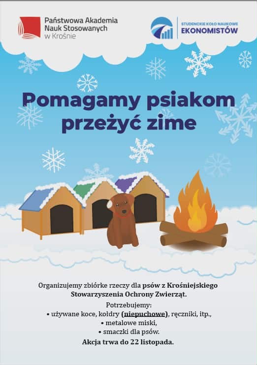 Plakat akcji. Na tle nieba i śniegu, śnieżynek 3 budy dla psów i piesek przy ognisku.