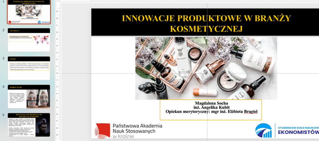 Slajdy prezentacji Innowacje produktowe w branży kosmetycznej – Angelika Kubit, Magdalena Socha – SKN Ekonomistów.