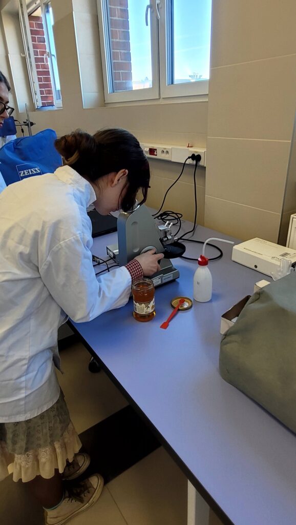 uczennica bada zawartość ekstraktu w dżemie za pomocą refraktometru