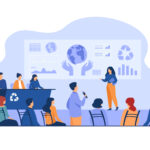 press conference member speaking on stage before audience, presenting graphs with earth. Vector illustration for global meeting, scientific forum, mass media concept