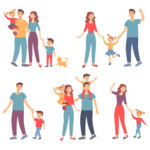 Happy family walking together outdoors set. Vector illustrations of parents and children holding hands. Cartoon mother, father characters enjoying walks with son and daughter. Fun family time concept