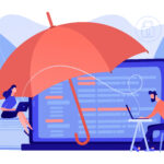 Business people work with laptops protected from internet-based risks. Cyber insurance, cyber-insurance market, cybercrime risk protection concept. Pinkish coral bluevector isolated illustration